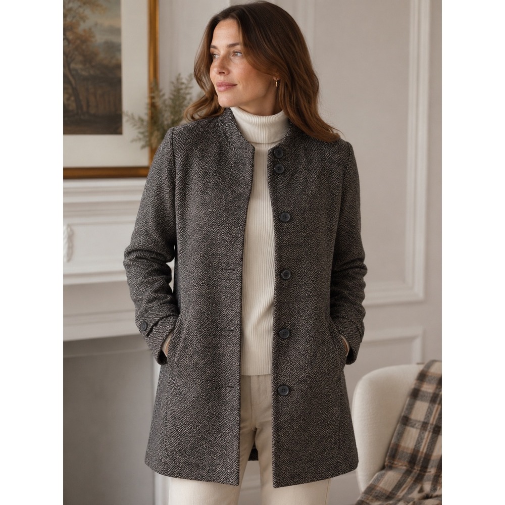 Peserico Italy Women Brown Diamond Jacquard Wool Blend Mock Neck Coat Size IT 46